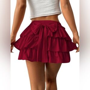 Red Ruffled Mini Skirt With Bow